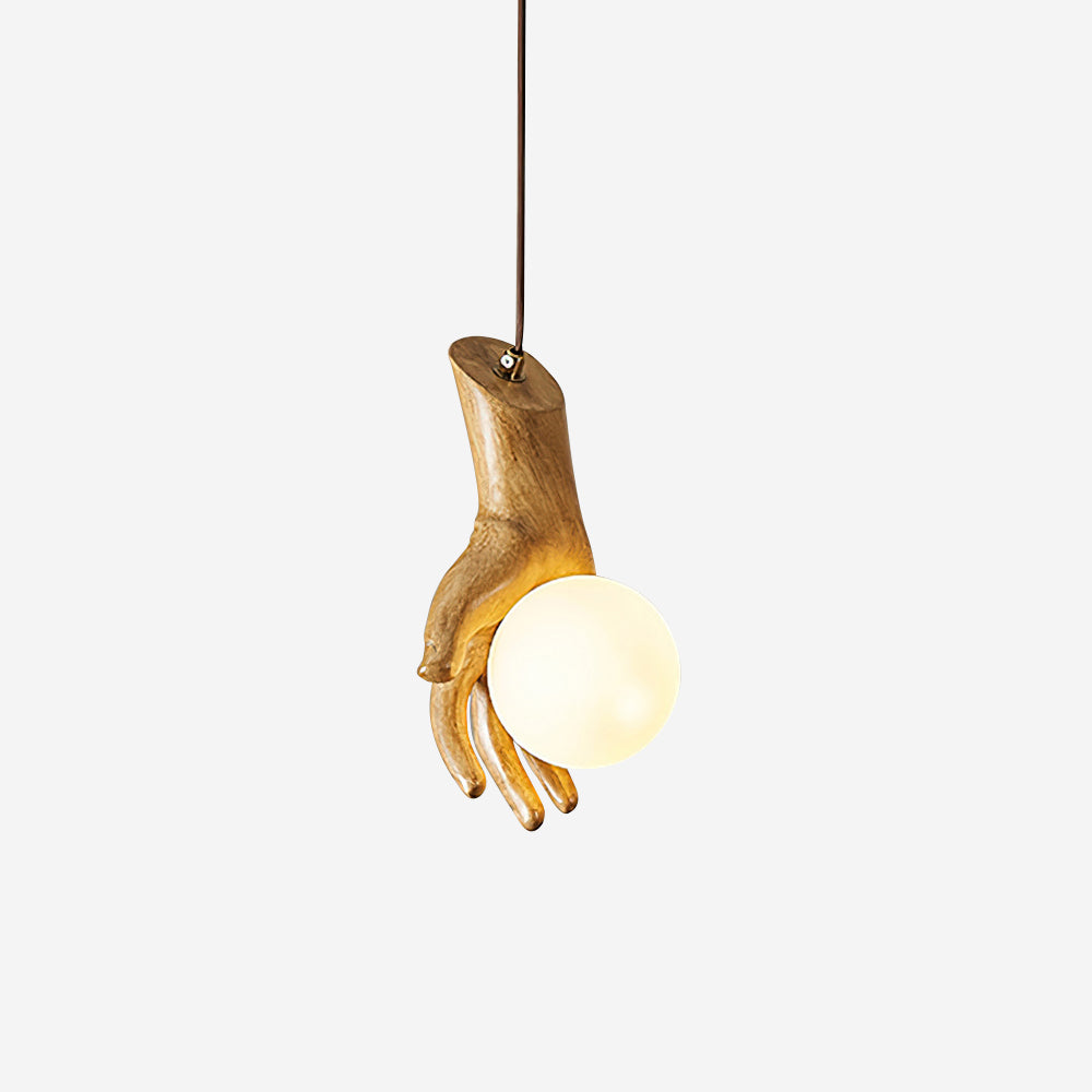 Pendant Light With Wooden Grip Hand Sculpted Globe