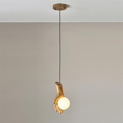 Pendant Light With Wooden Grip Hand Sculpted Globe