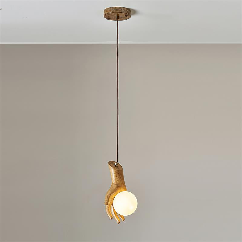 Pendant Light With Wooden Grip Hand Sculpted Globe