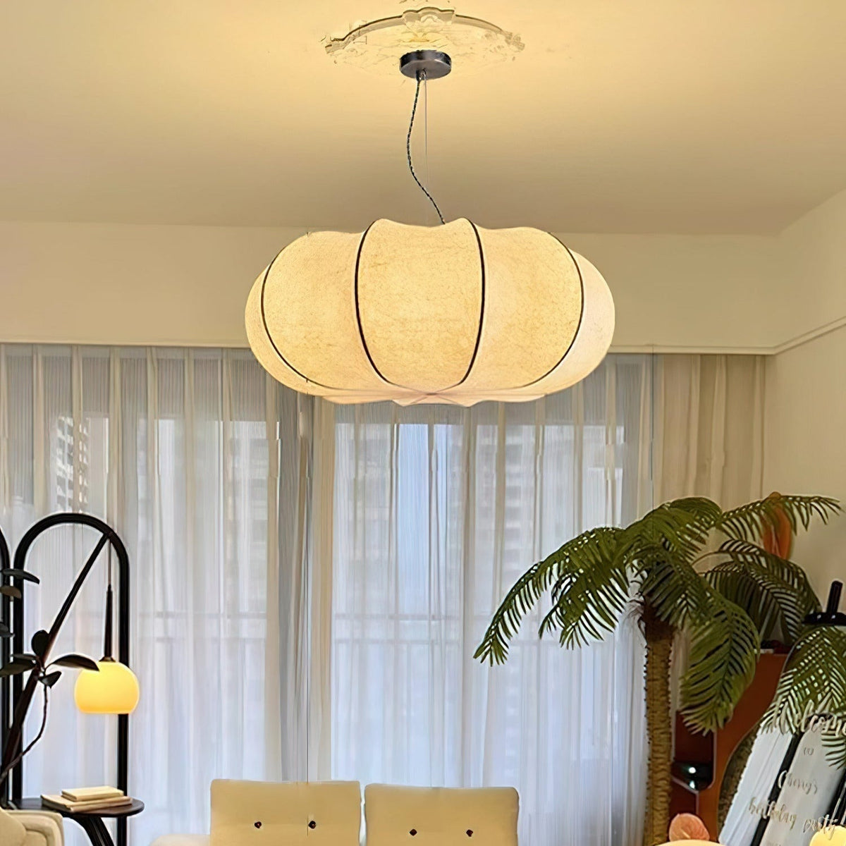 Pendant Linen Beige Pumpkin Light With Glow Soft