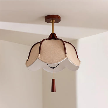 Walnut Wood Canopy Vintage Fabric Semi Flush Mount Ceiling Light