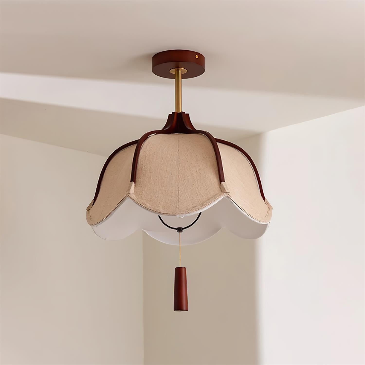 Walnut Wood Canopy Vintage Fabric Semi Flush Mount Ceiling Light