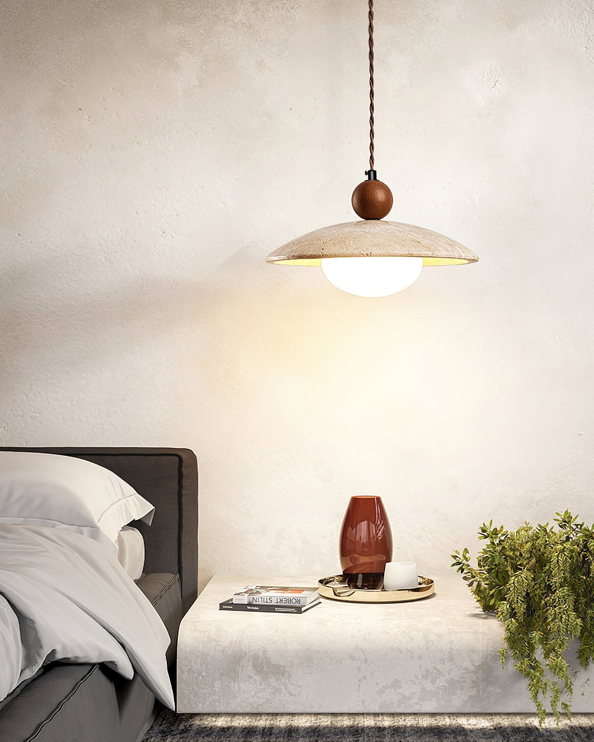 Wooden Accent Pendant Light With Travertine