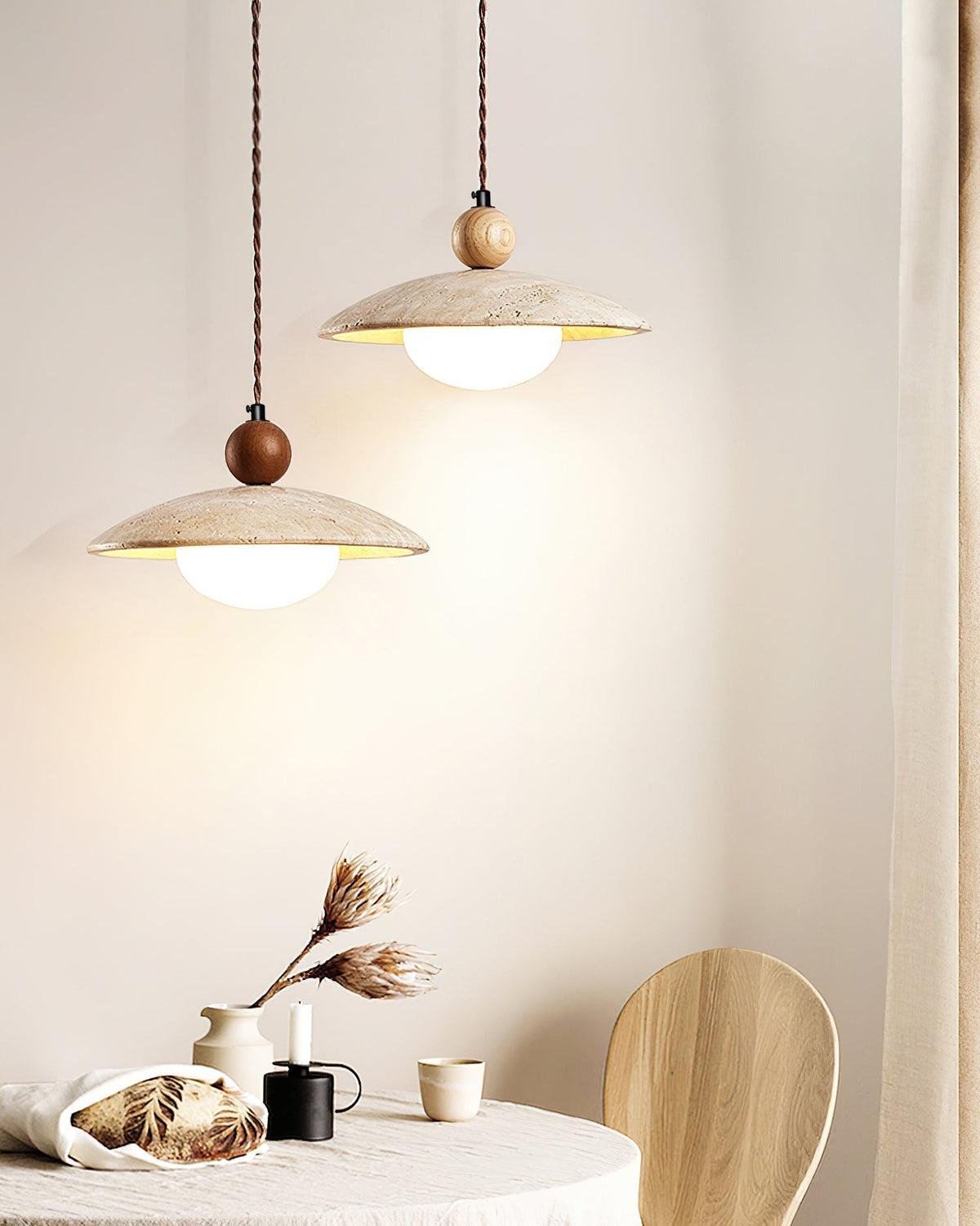 Wooden Accent Pendant Light With Travertine