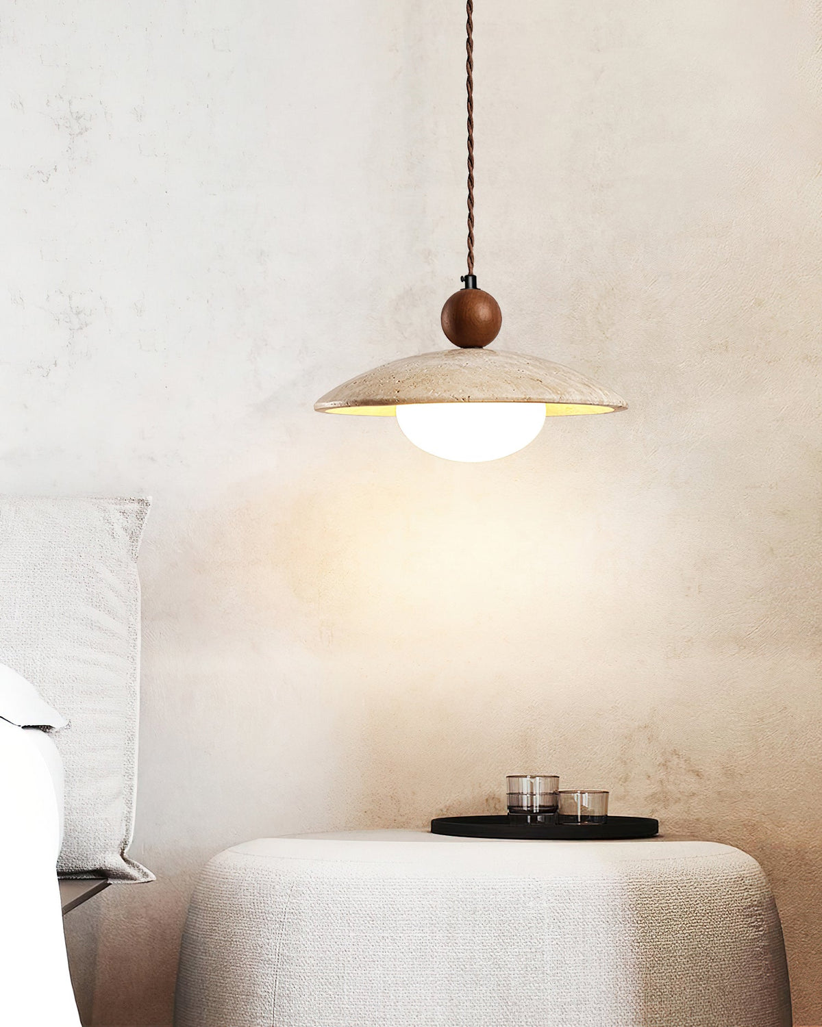 Wooden Accent Pendant Light With Travertine