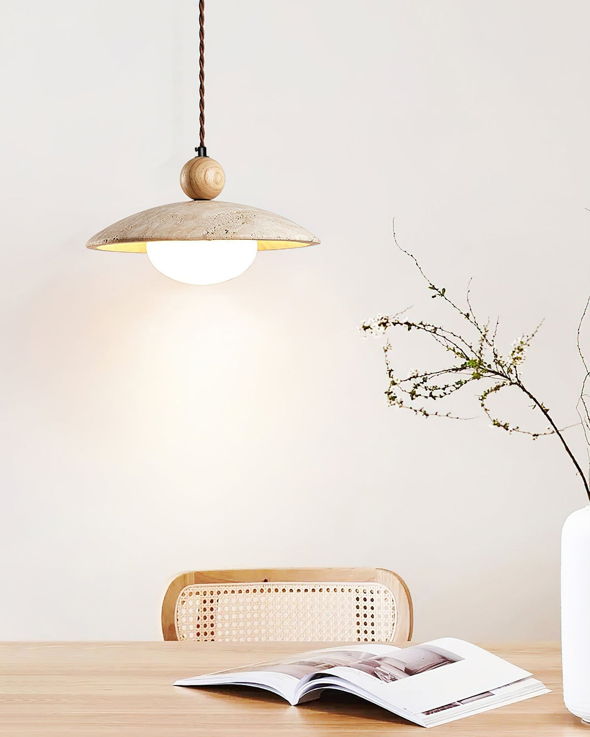 Wooden Accent Pendant Light With Travertine
