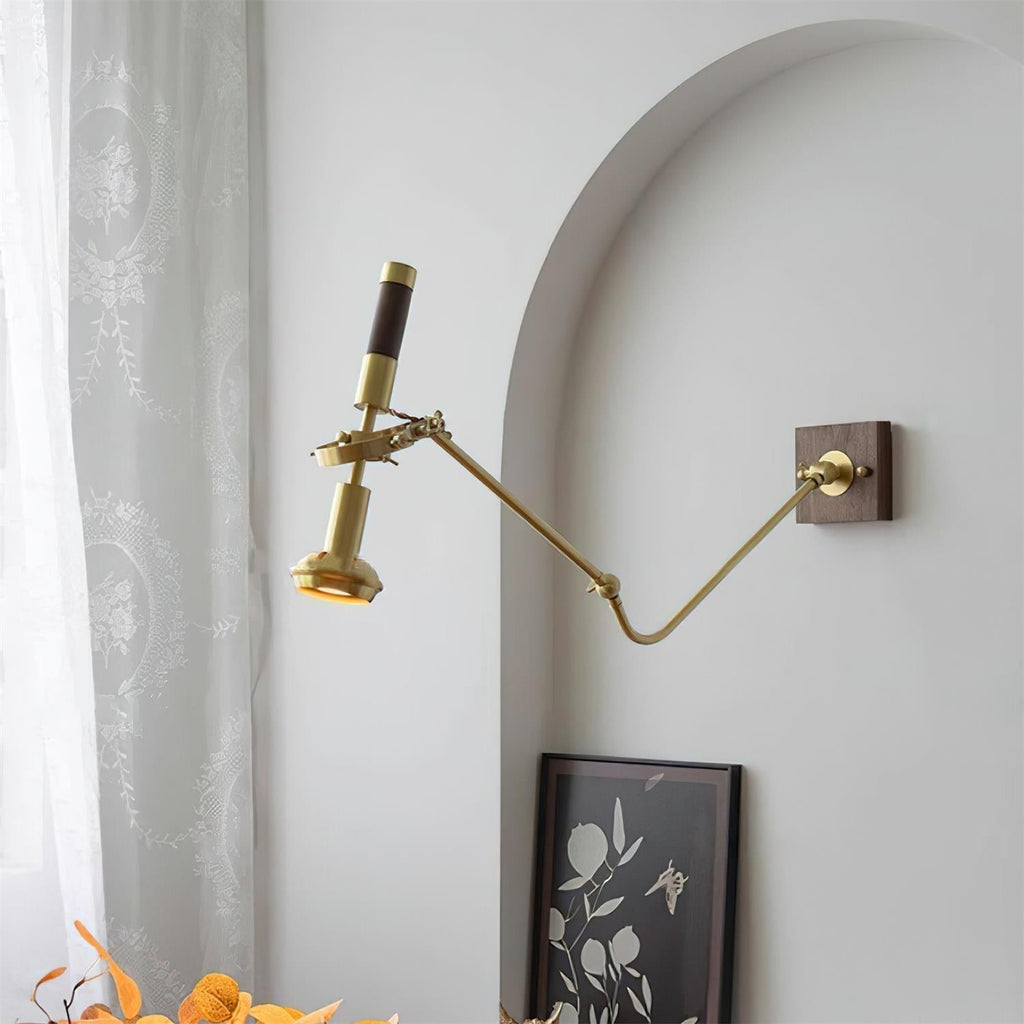 Adjustable Industrial Spotlight Hardwired Walnut Brass Wall Lamp