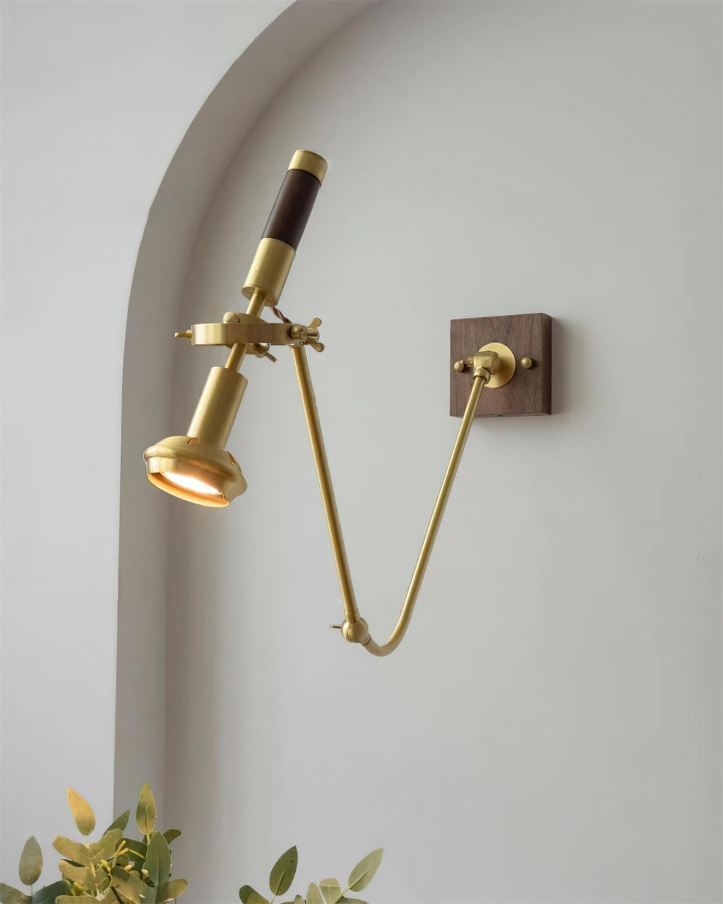 Adjustable Industrial Spotlight Hardwired Walnut Brass Wall Lamp