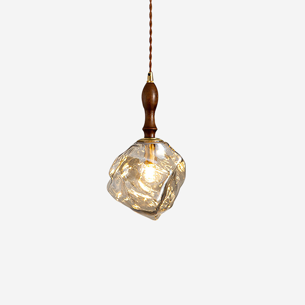 Dimmer Compatible Pendant Light Glass Cube Wood Walnut