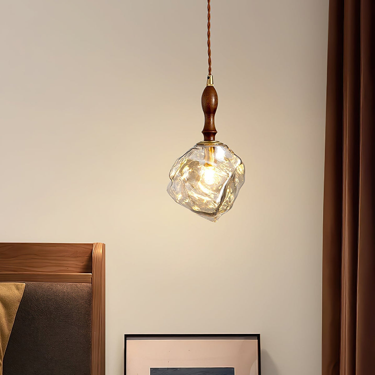 Dimmer Compatible Pendant Light Glass Cube Wood Walnut