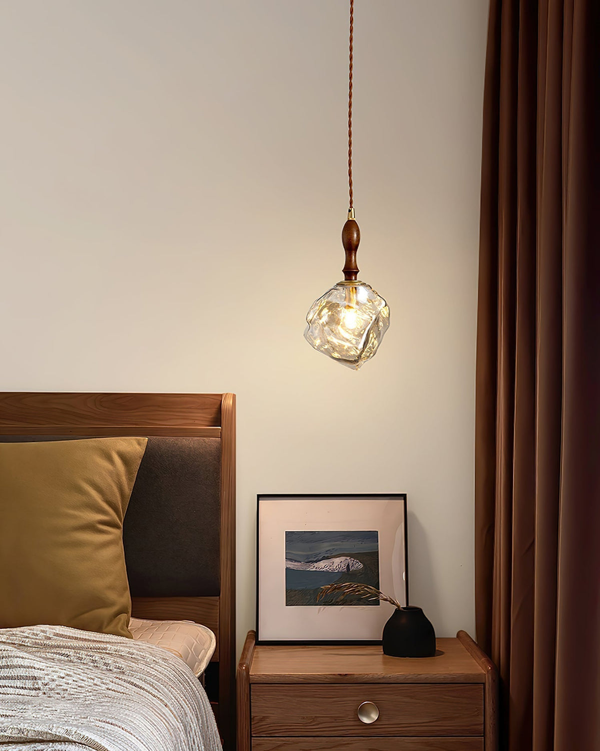 Dimmer Compatible Pendant Light Glass Cube Wood Walnut