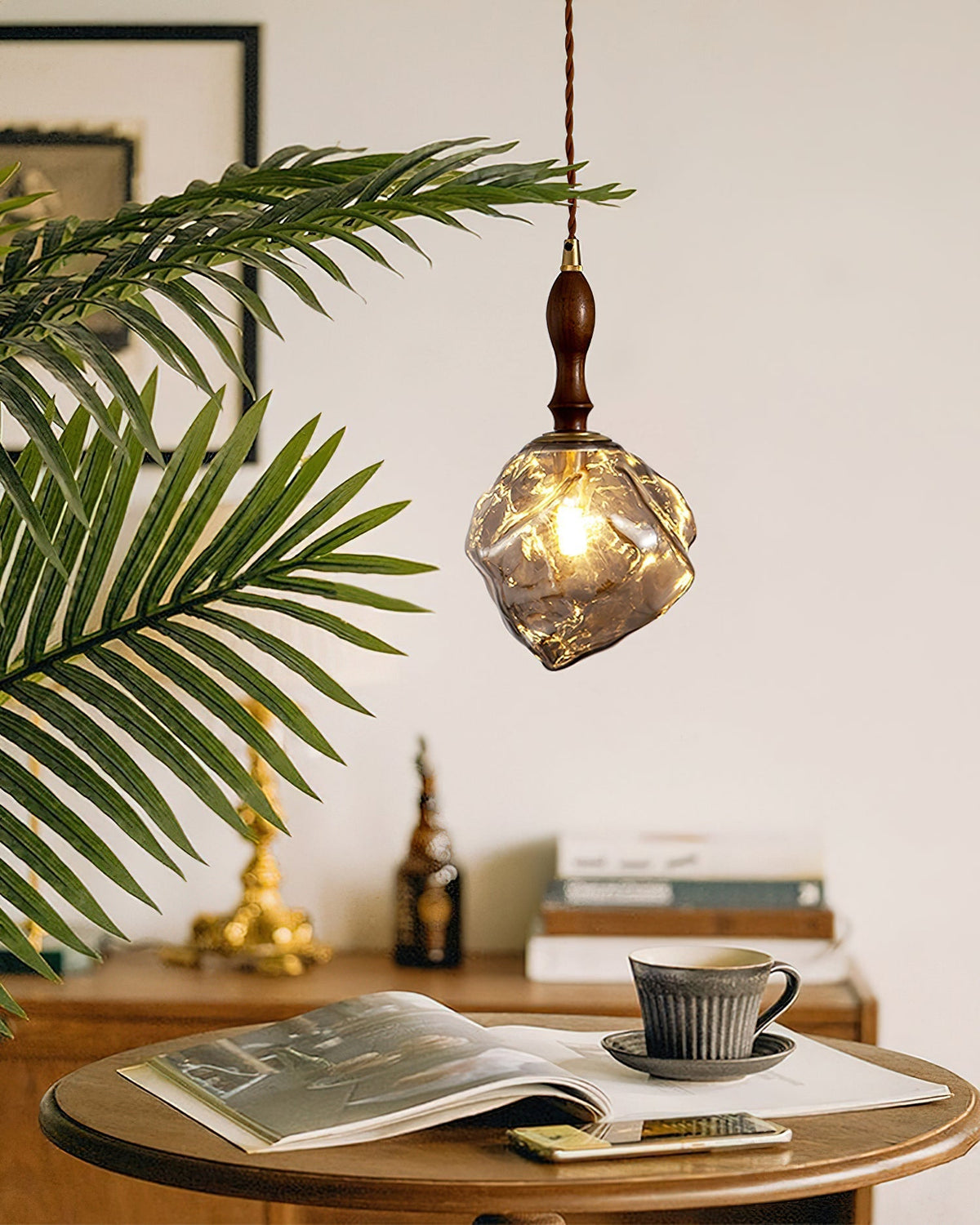 Dimmer Compatible Pendant Light Glass Cube Wood Walnut