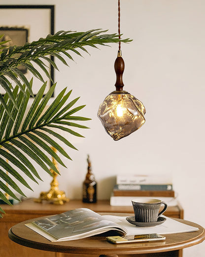 Dimmer Compatible Pendant Light Glass Cube Wood Walnut
