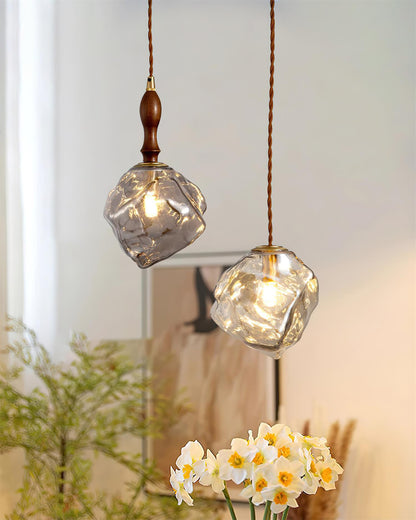 Dimmer Compatible Pendant Light Glass Cube Wood Walnut