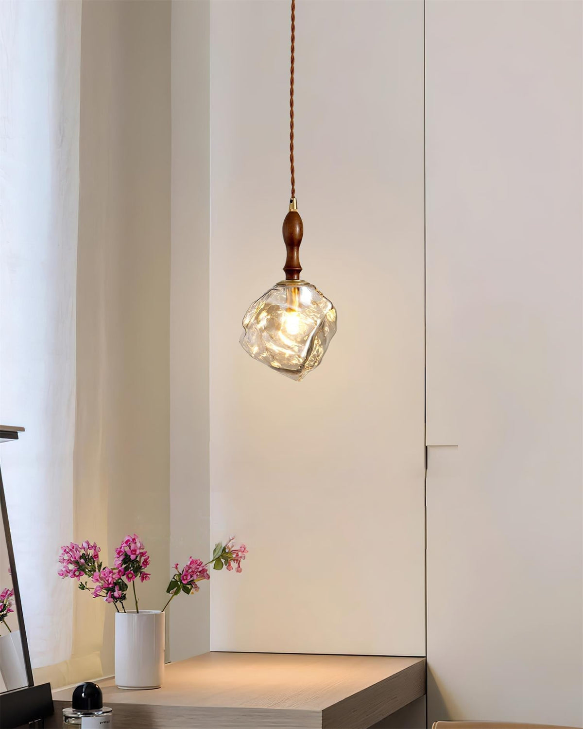 Dimmer Compatible Pendant Light Glass Cube Wood Walnut