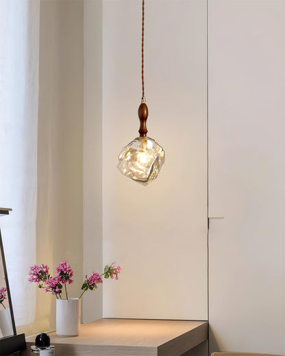 Dimmer Compatible Pendant Light Glass Cube Wood Walnut