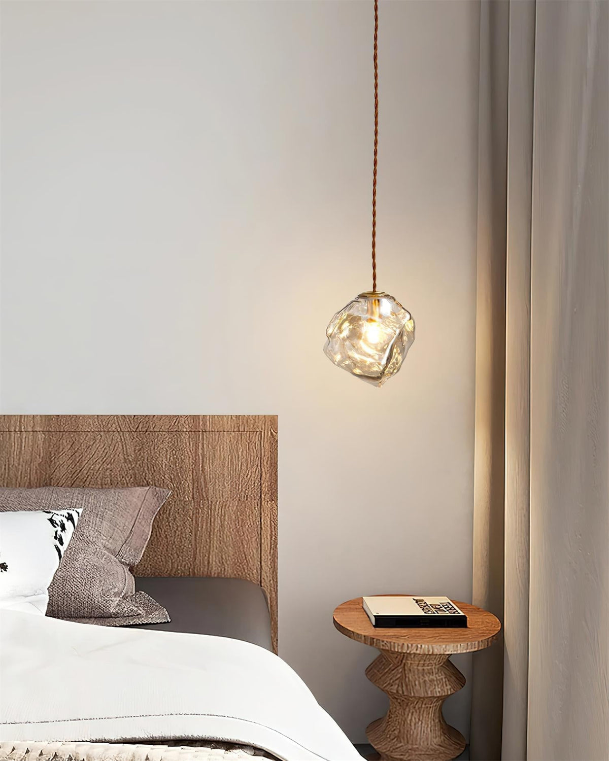 Dimmer Compatible Pendant Light Glass Cube Wood Walnut