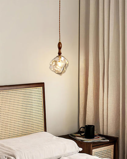 Dimmer Compatible Pendant Light Glass Cube Wood Walnut