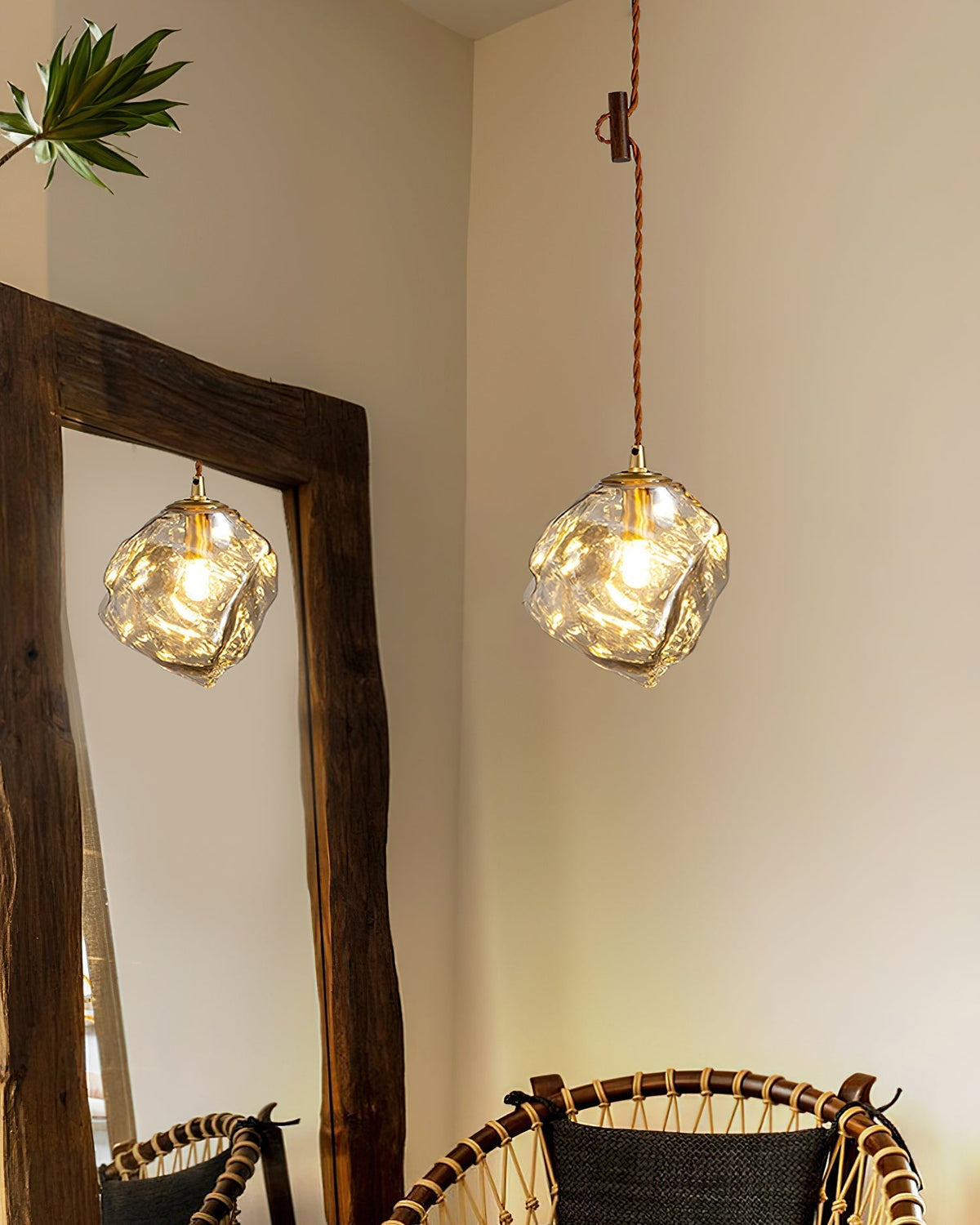 Dimmer Compatible Pendant Light Glass Cube Wood Walnut
