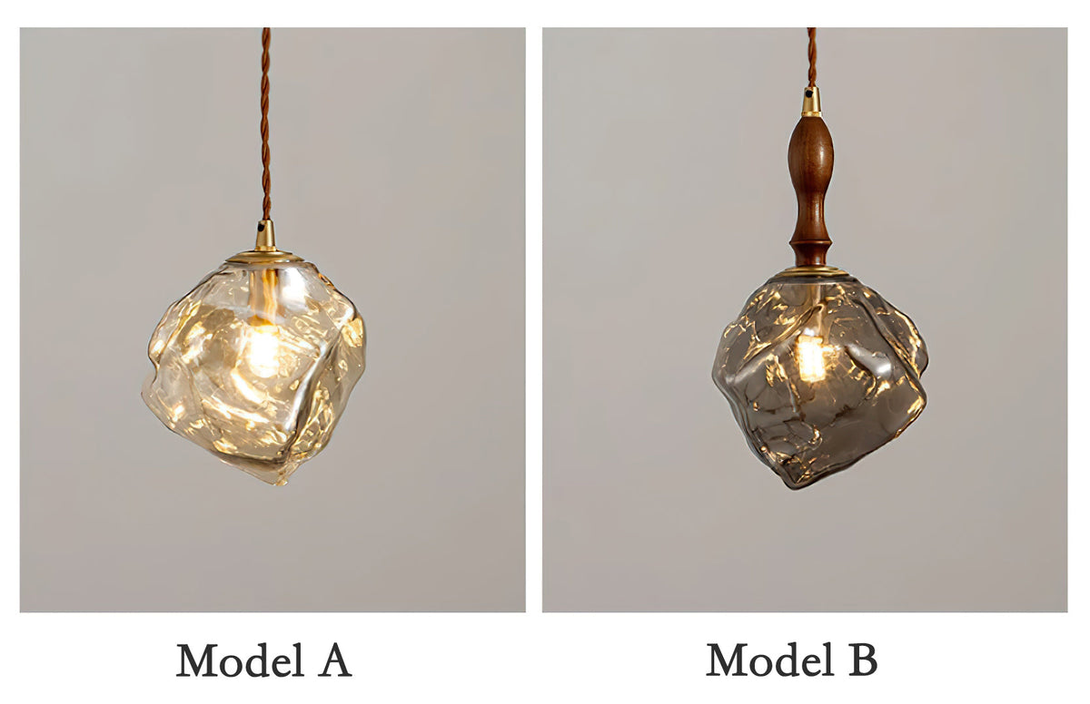 Dimmer Compatible Pendant Light Glass Cube Wood Walnut