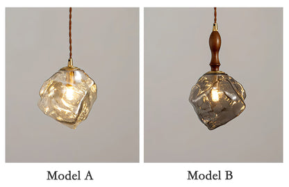 Dimmer Compatible Pendant Light Glass Cube Wood Walnut