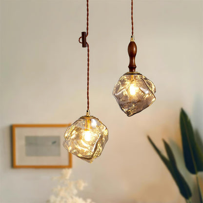 Dimmer Compatible Pendant Light Glass Cube Wood Walnut
