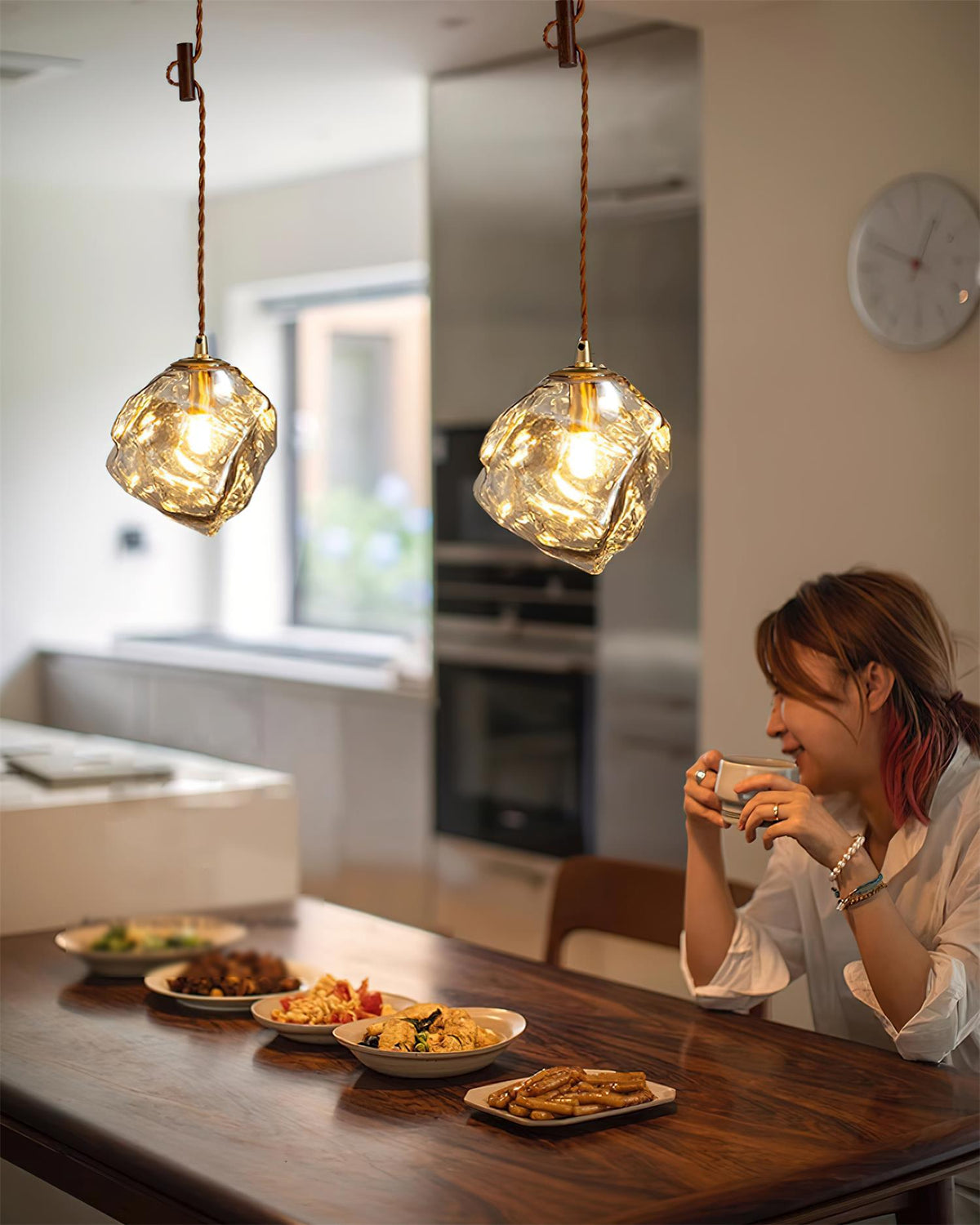 Dimmer Compatible Pendant Light Glass Cube Wood Walnut