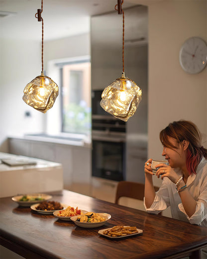 Dimmer Compatible Pendant Light Glass Cube Wood Walnut