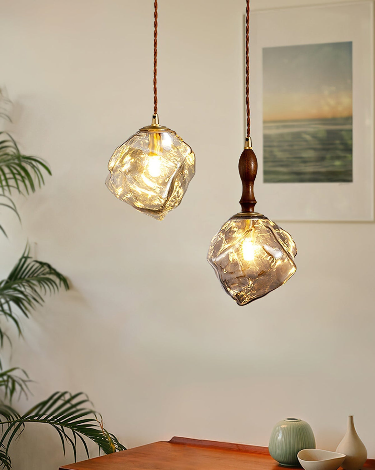 Dimmer Compatible Pendant Light Glass Cube Wood Walnut