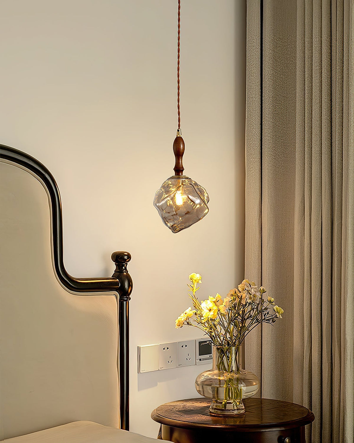 Dimmer Compatible Pendant Light Glass Cube Wood Walnut