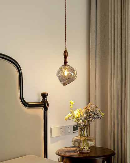 Dimmer Compatible Pendant Light Glass Cube Wood Walnut