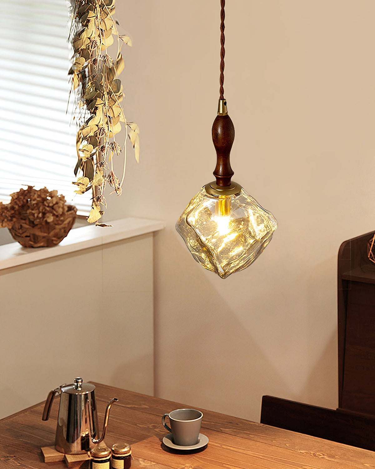 Dimmer Compatible Pendant Light Glass Cube Wood Walnut