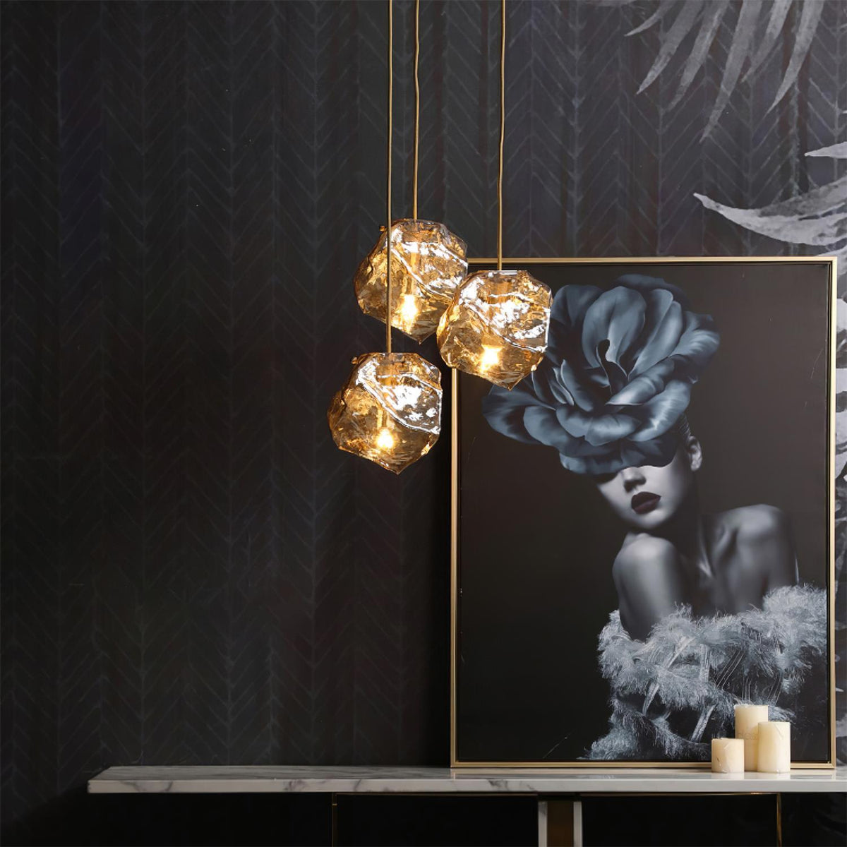 Pendant Light Ice Crackle Glass Premium Brass