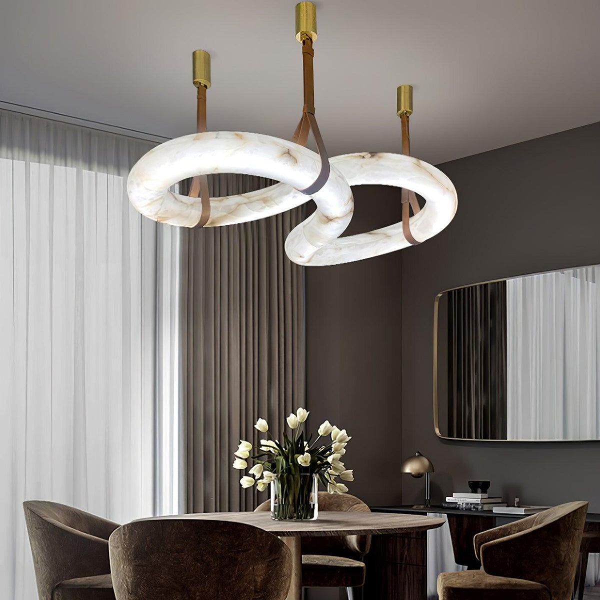 Warm Glow Alabaster Pendant Light With Leather Straps