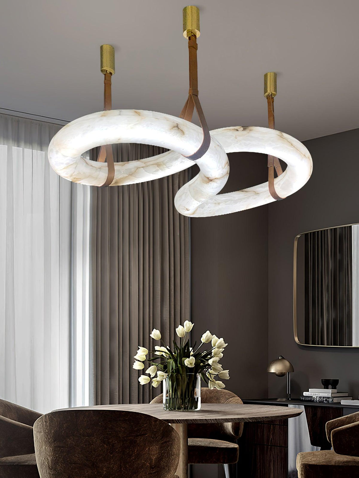 Warm Glow Alabaster Pendant Light With Leather Straps