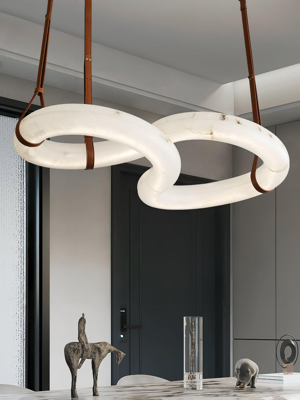 Warm Glow Alabaster Pendant Light With Leather Straps