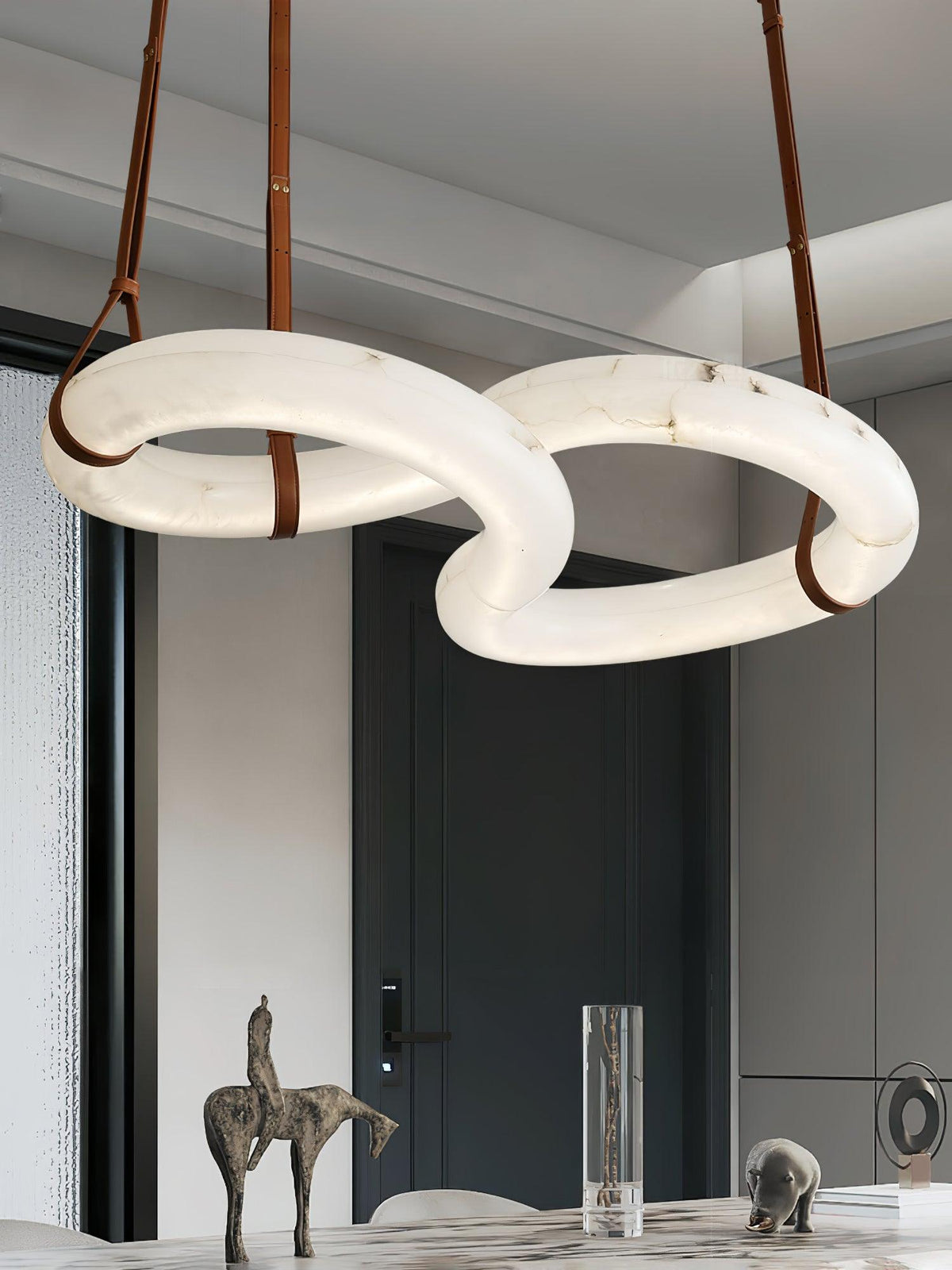 Warm Glow Alabaster Pendant Light With Leather Straps