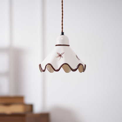 Wavy Shade Ceramic Pendant Light With Brown Trim