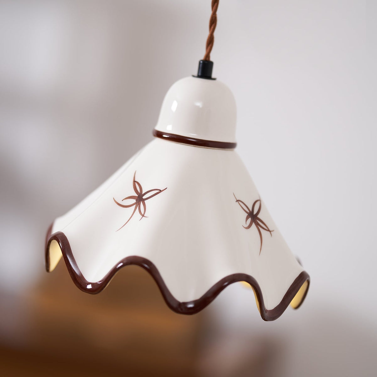 Wavy Shade Ceramic Pendant Light With Brown Trim