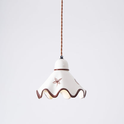 Wavy Shade Ceramic Pendant Light With Brown Trim