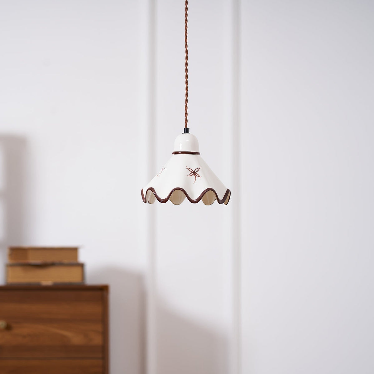 Wavy Shade Ceramic Pendant Light With Brown Trim