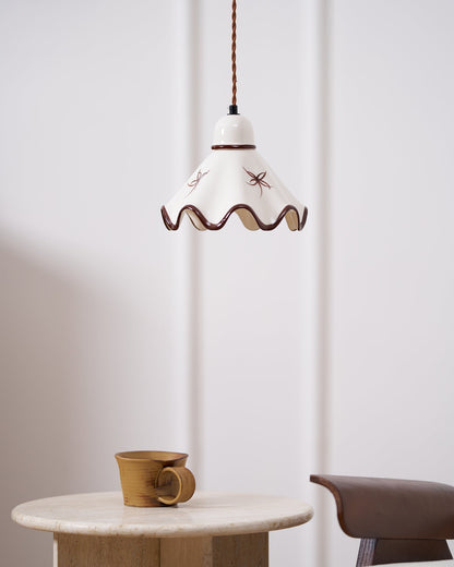 Wavy Shade Ceramic Pendant Light With Brown Trim