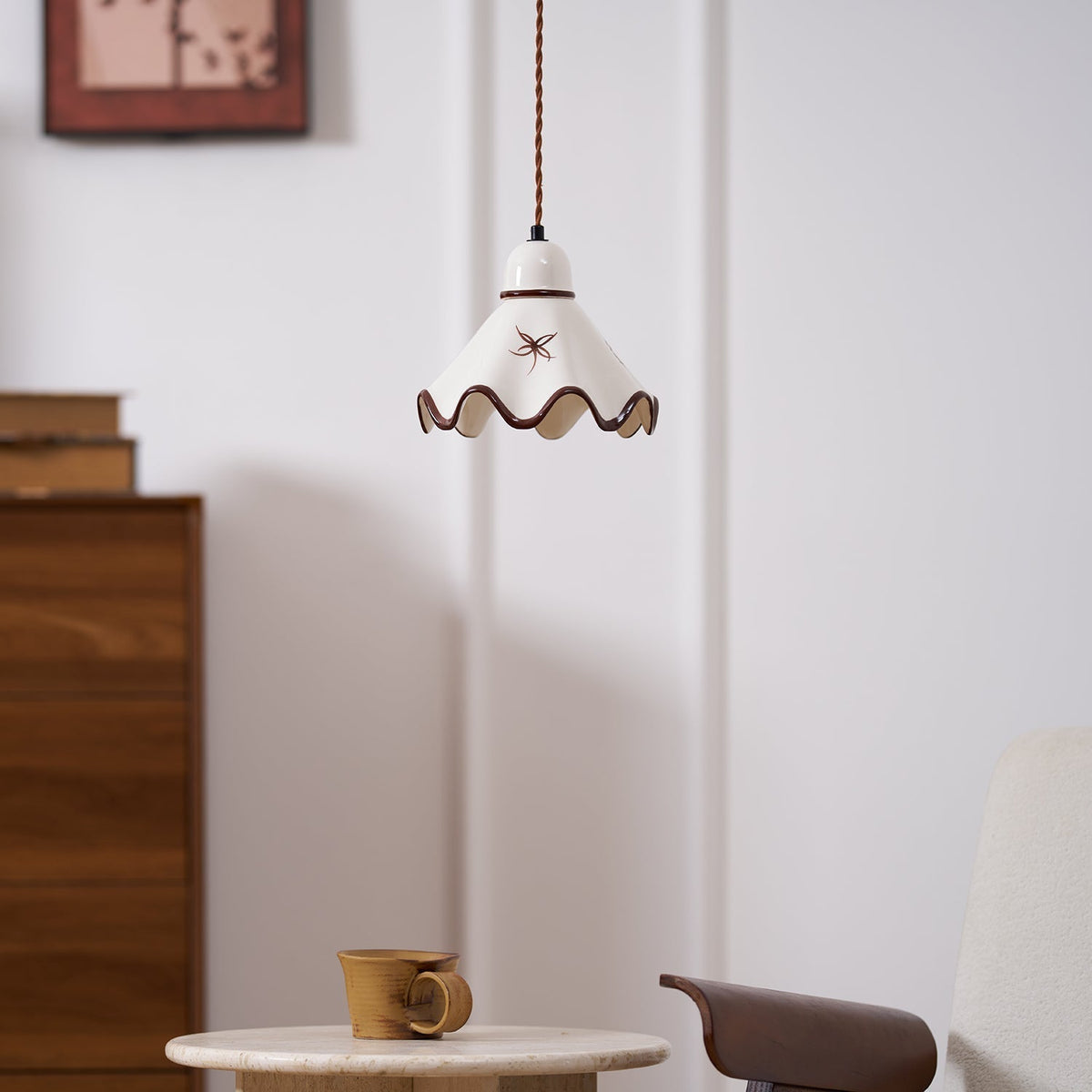 Wavy Shade Ceramic Pendant Light With Brown Trim