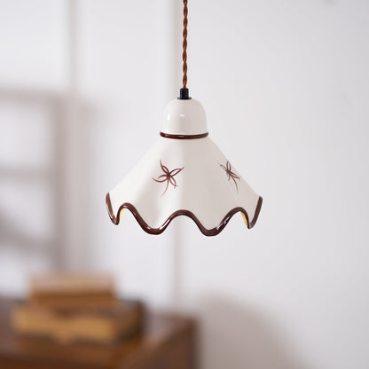 Wavy Shade Ceramic Pendant Light With Brown Trim