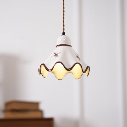Wavy Shade Ceramic Pendant Light With Brown Trim