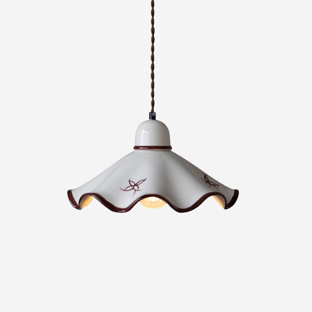 Wavy Shade Ceramic Pendant Light With Brown Trim