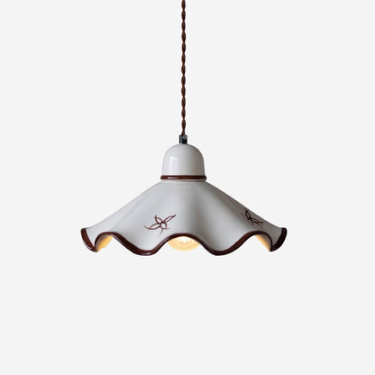 Wavy Shade Ceramic Pendant Light With Brown Trim