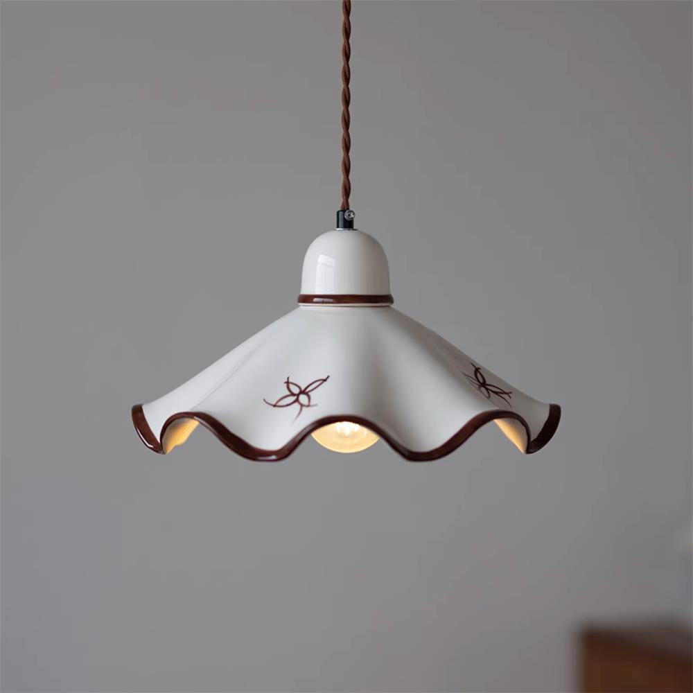 Wavy Shade Ceramic Pendant Light With Brown Trim
