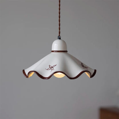 Wavy Shade Ceramic Pendant Light With Brown Trim