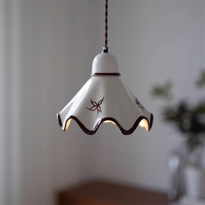 Wavy Shade Ceramic Pendant Light With Brown Trim